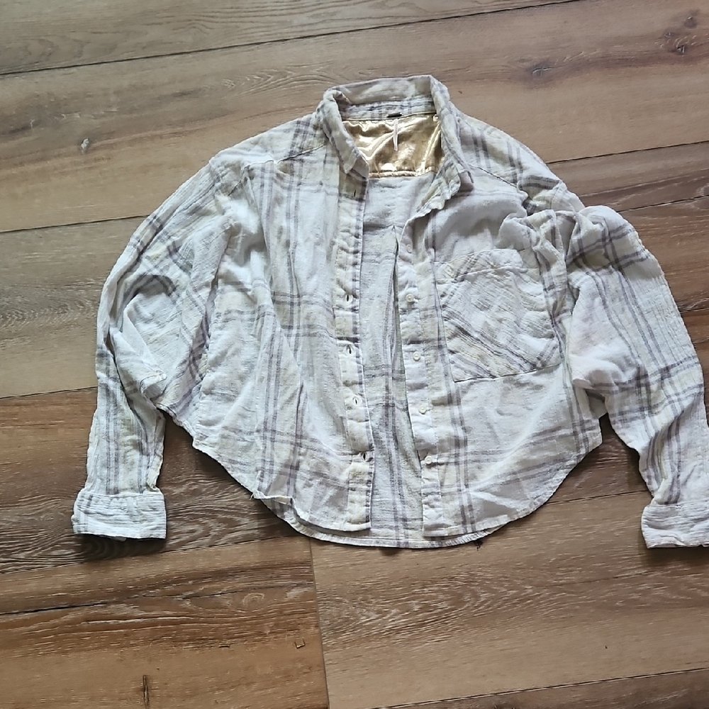 Free People Plaid Button-Up Shirt in Cream and Brown
